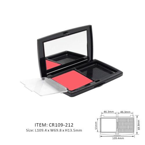 Rectangular Compact Case with Sifter installing with a mirror and containing red blushes