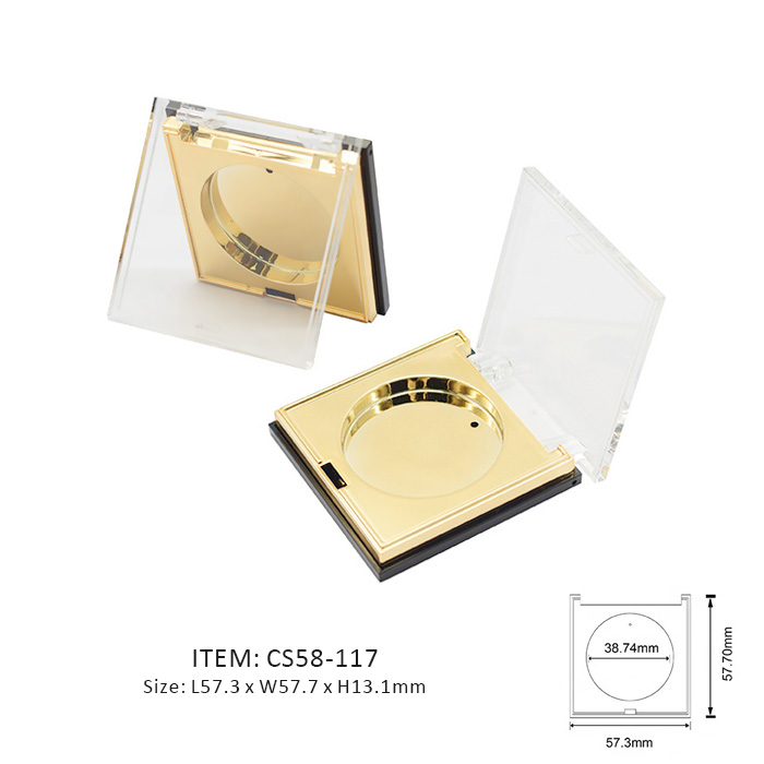 Square Luxury Eyeshadow Compact Case decorated in golden on base and transparent on cap