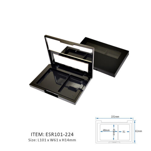 Black Unique Eyeshadow Palette Case Containing Two Large Rectangles and half mirror and half window on the cap