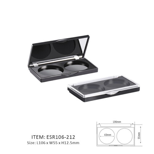 Dark Rectangular Eyeshadow Palette Containing Two Circular sections and a mirror or window on the cap