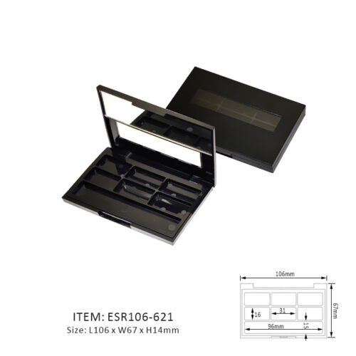 Dark Unique Eyeshadow Palette Containing Six Horizontal Sections and half mirror and half window on the cap