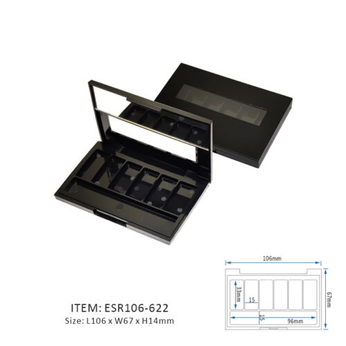 Black Unique Eyeshadow Palette Case Containing Six Vertical Sections and half mirrow and half window on the cap