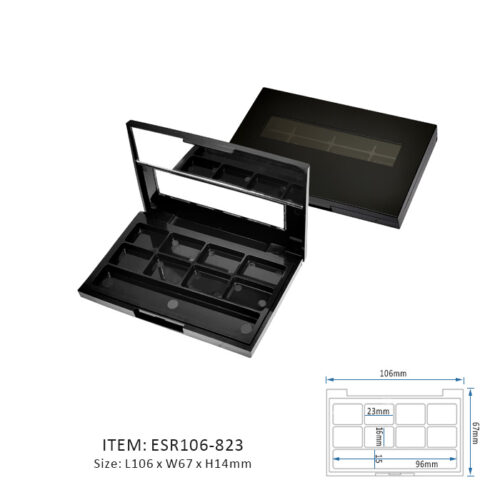Black Unique Eyeshadow Palette Case Containing Eight Horizontal Sections and half mirror and half window on cap