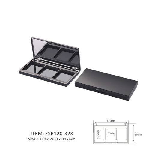 Black Delicate Eyeshadow Palette Containing Three Sections and a mirror on the cap