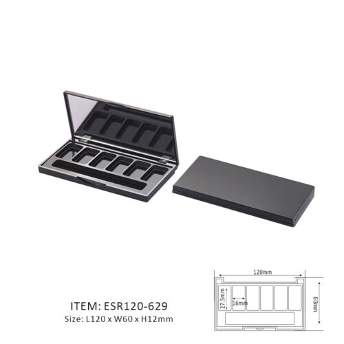 Dark Delicate Eyeshadow Palette Containing Six Vertical Sections and a mirror on the cap