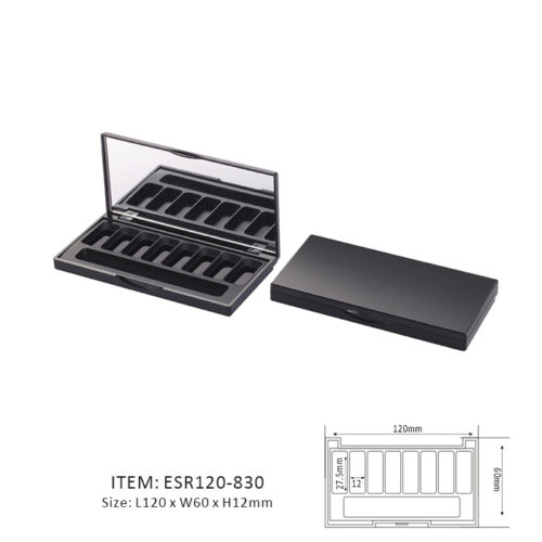 Black Delicate Eyeshadow Palette Containing Eight Vertical Sections and a mirror on the cap