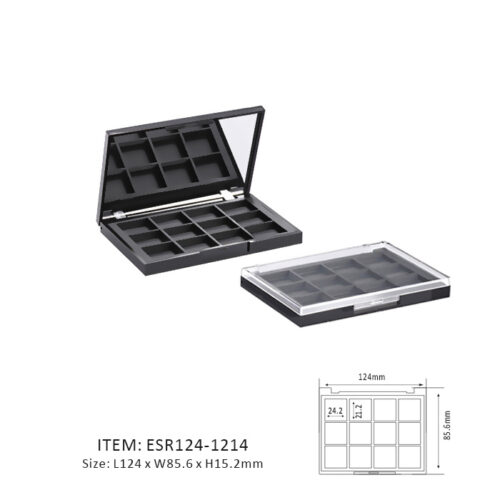 Black Rectangular Eyeshadow Palette Case Including Magnetic Accessories and Twelve Rectangular sections and a mirror or window