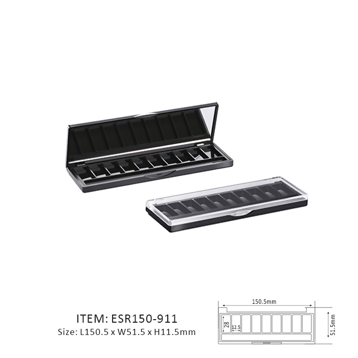 Black Rectangular Eyeshadow Palette Case Containing Nine Rectangular Sections and a mirror or window on the cap