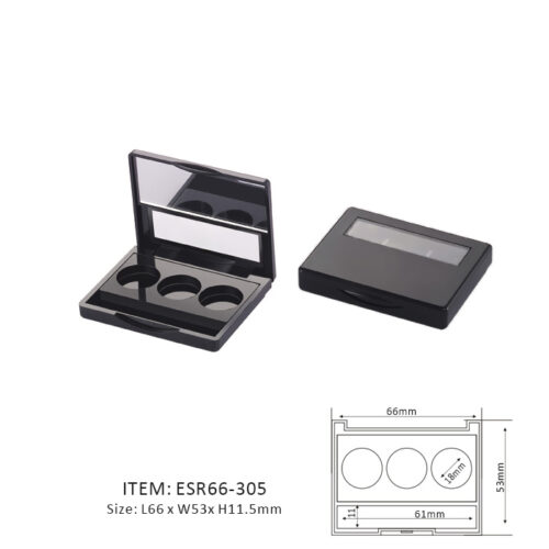 Black Unique Eyeshadow Palette containing three circular sections and half mirror and half window on the cap