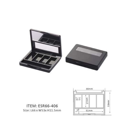 Dark Unique Eyeshadow Palette containing four rectangular sections and half mirror and half window on the cap