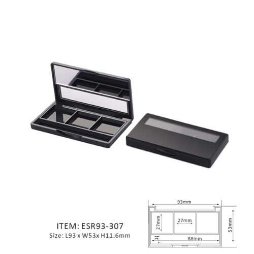 Dark Unique Eyeshadow Palette containing three long rectangular sections and half mirror and half window on the cap
