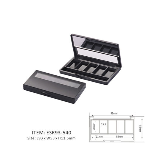 Black Unique Eyeshadow Palette Contaning Five Long Rectangular Sections and half mirror and half window on the cap
