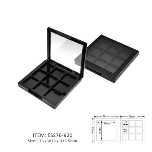 Dark Square Eyeshadow Palette Case Containing Nine Square Sections and a transparent window cap