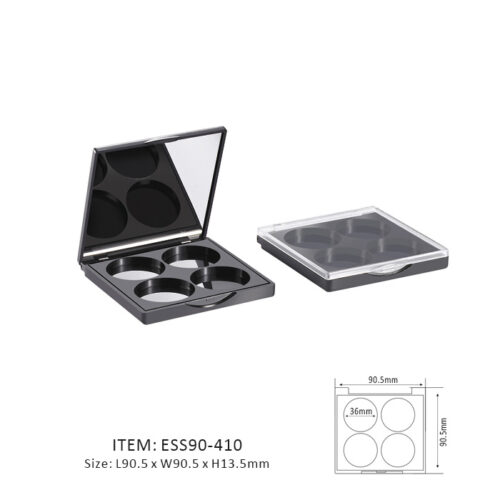 Black Rectangular Eyeshadow Palette Case Equipped with Magnetic Components and Containing Four Circular sections and mirror or window