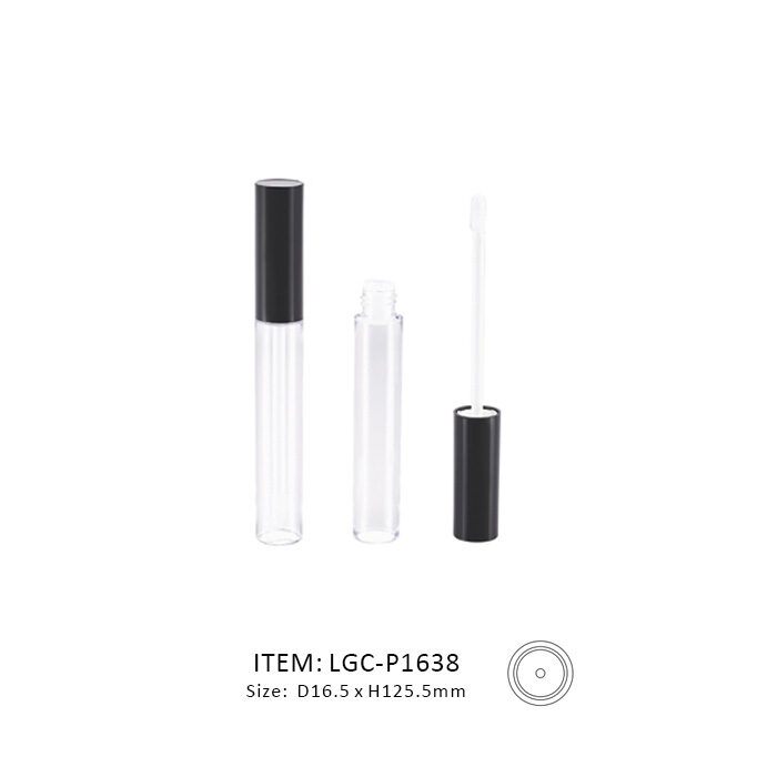 LGC-P1638-plastic lip gloss tube with brush Slim Straight Lip Gloss Tube with a transparent tube and black cap
