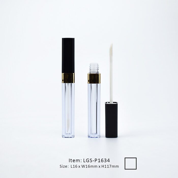 LGS-P1634 Square Lip Gloss Tube with Shoulder Golden Square Lip Gloss Tube with Golden Shoulder