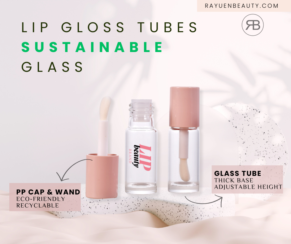 clear empty glass tube with pink cap as sustainable packaging for lip gloss