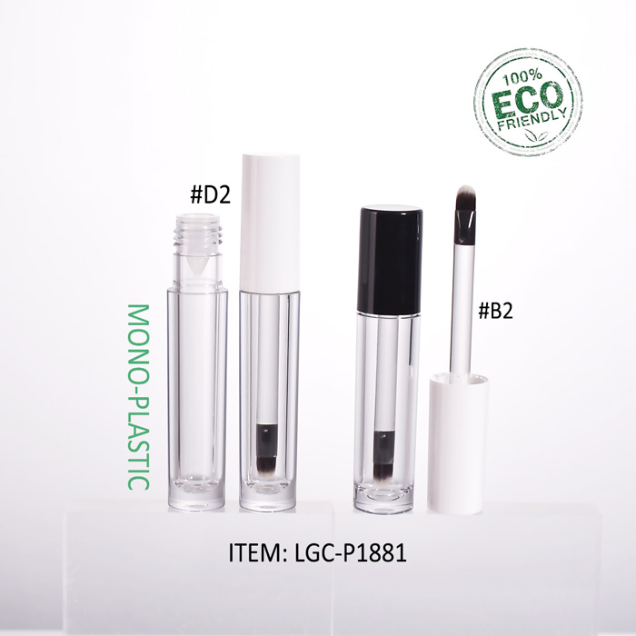 Brush lip gloss tubes eco-friendly PET with thick wall clear round design and soft brush applicator