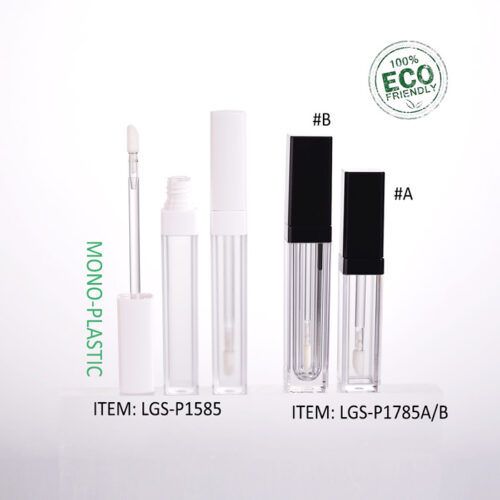 Square PET lip gloss tube containers with doe foot applicator in a sustainable thick-wall design
