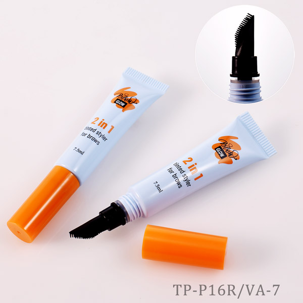 Brush head applicator tubes with no-drip airless valve for clean brow gel and grooming product application.