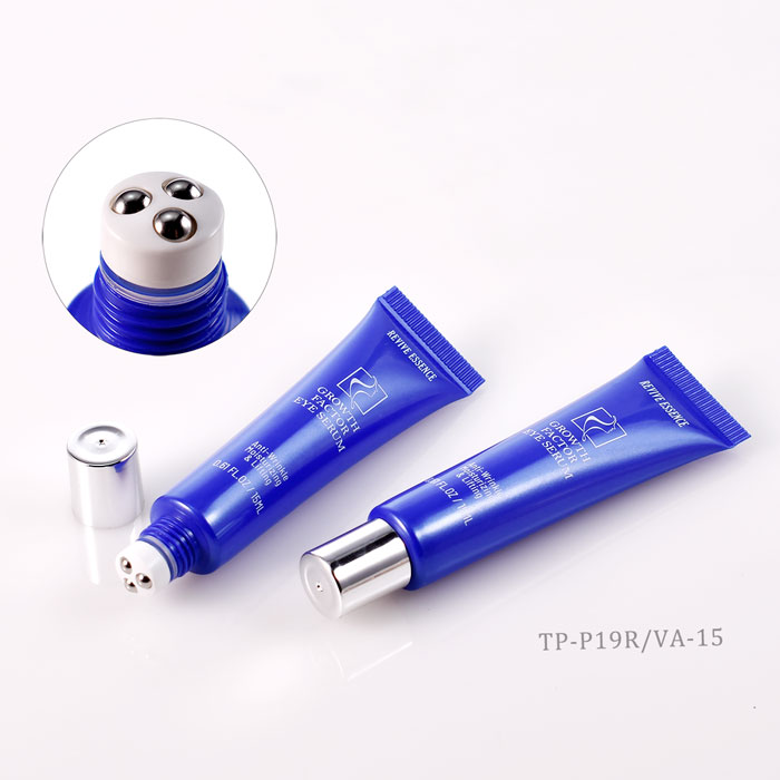 D19mm blue roller ball applicator plastic tube with PE squeeze body for eye serum and eye cream packaging
