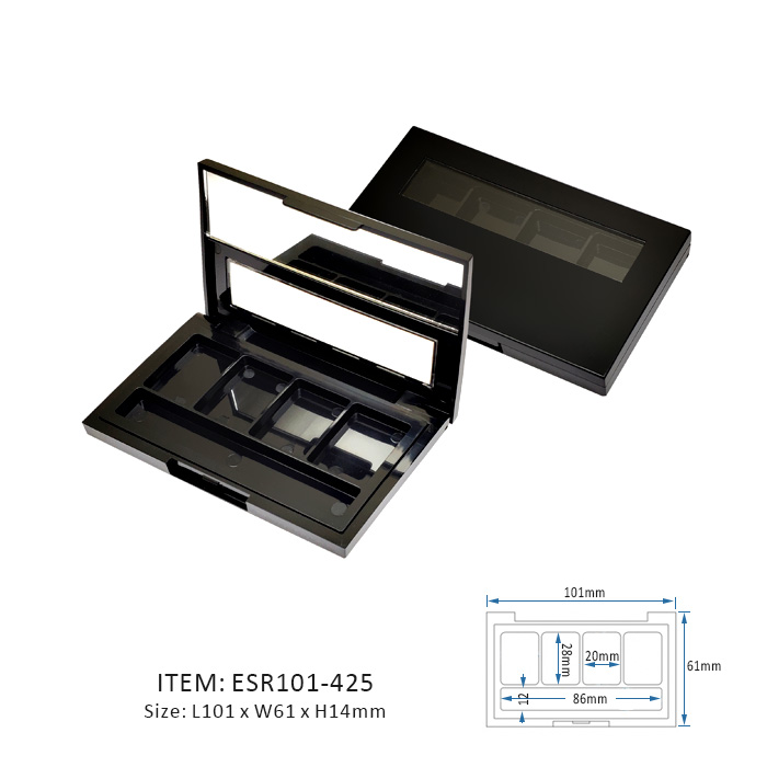 Dark Unique Eyeshadow Palette Containing Four Vertical Sections and half window and half mirror on the cap