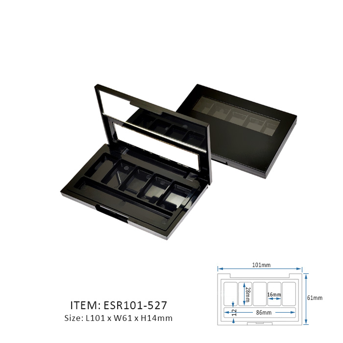 Black Unique Eyeshadow Palette Containing Five Vertical Sections and half window and half mirror on the cap