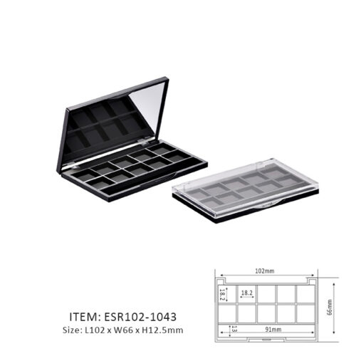 Black Rectangular Eyeshadow Palette Containing Ten Sections and a mirror or window on the cap