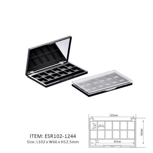 Black Rectangular Eyeshadow Palette Containing Twelve Sections and a mirror on the cap