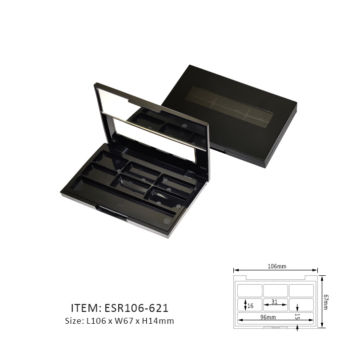 Dark Unique Eyeshadow Palette Containing Six Horizontal Sections and half mirror and half window on the cap
