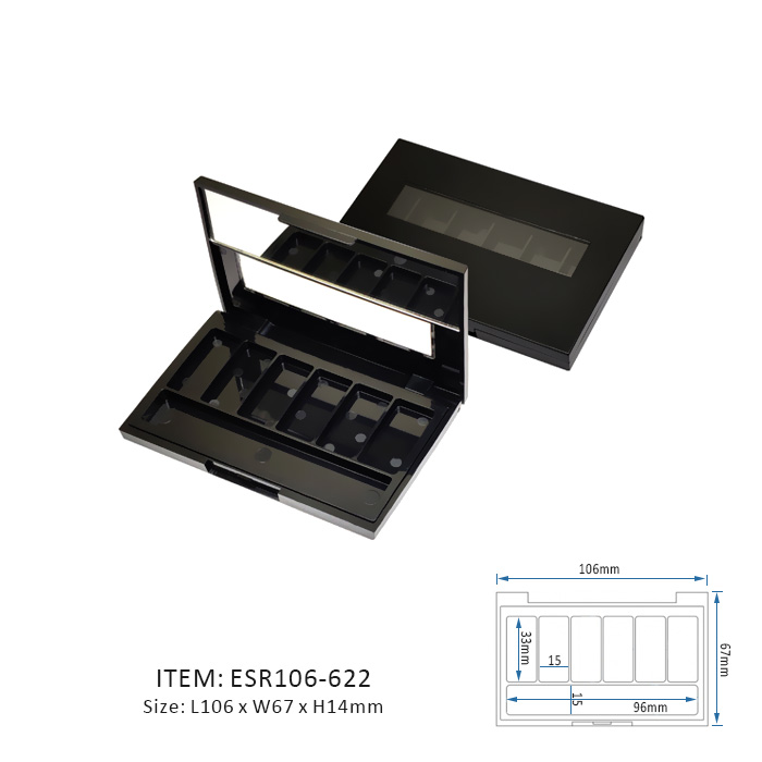 Black Unique Eyeshadow Palette Case Containing Six Vertical Sections and half mirrow and half window on the cap