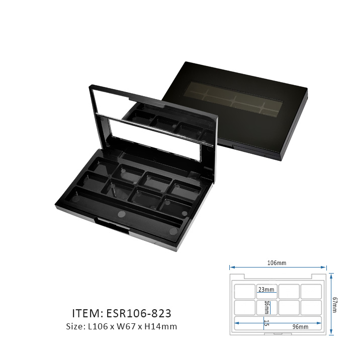 Black Unique Eyeshadow Palette Case Containing Eight Horizontal Sections and half mirror and half window on cap