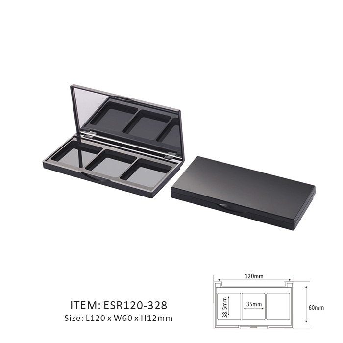 Black Delicate Eyeshadow Palette Containing Three Sections and a mirror on the cap