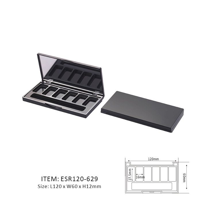 Dark Delicate Eyeshadow Palette Containing Six Vertical Sections and a mirror on the cap