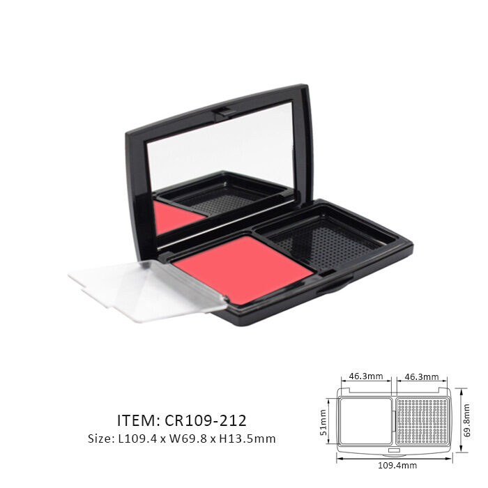 Rectangular Compact Case with Sifter installing with a mirror and containing red blushes