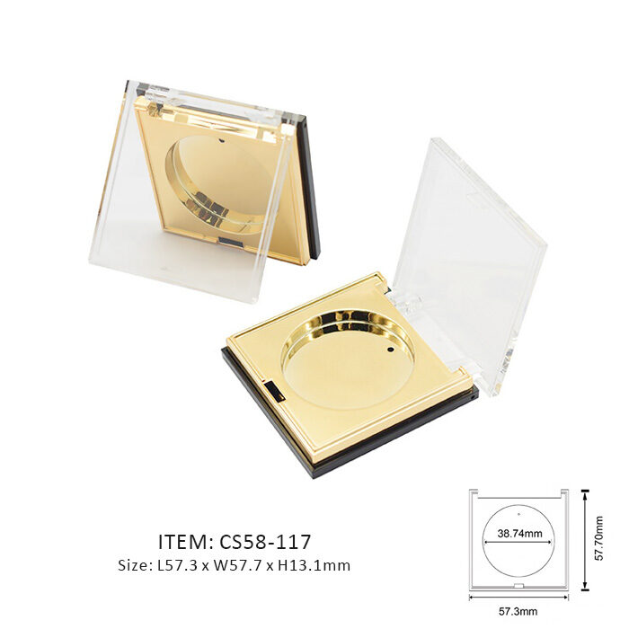 Square Luxury Eyeshadow Compact Case decorated in golden on base and transparent on cap
