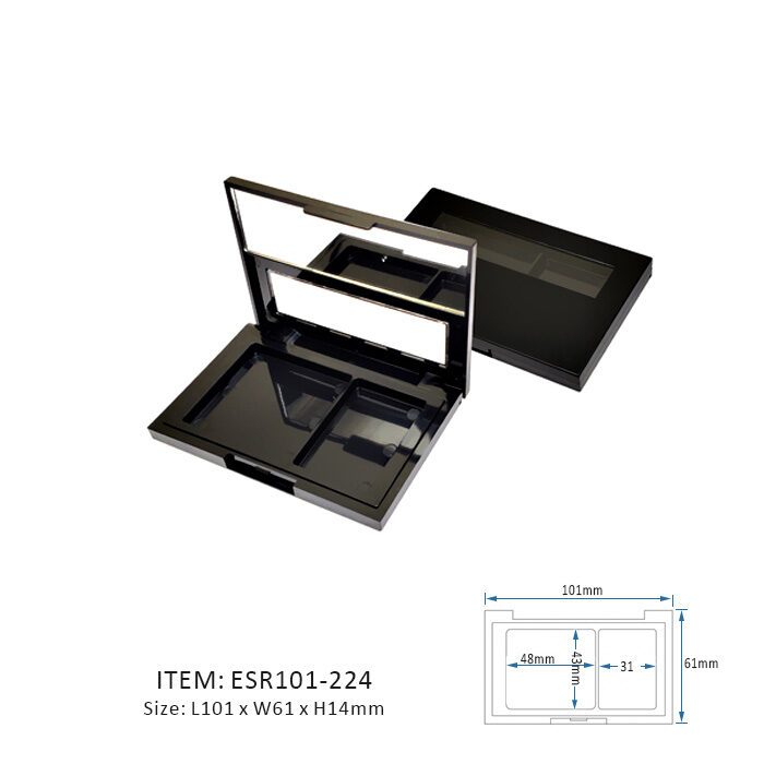 Black Unique Eyeshadow Palette Case Containing Two Large Rectangles and half mirror and half window on the cap