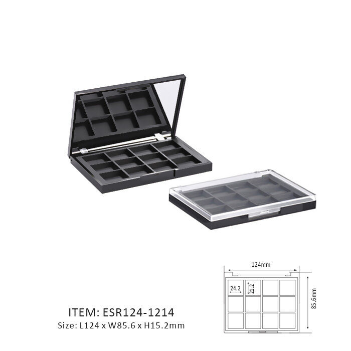 Black Rectangular Eyeshadow Palette Case Including Magnetic Accessories and Twelve Rectangular sections and a mirror or window