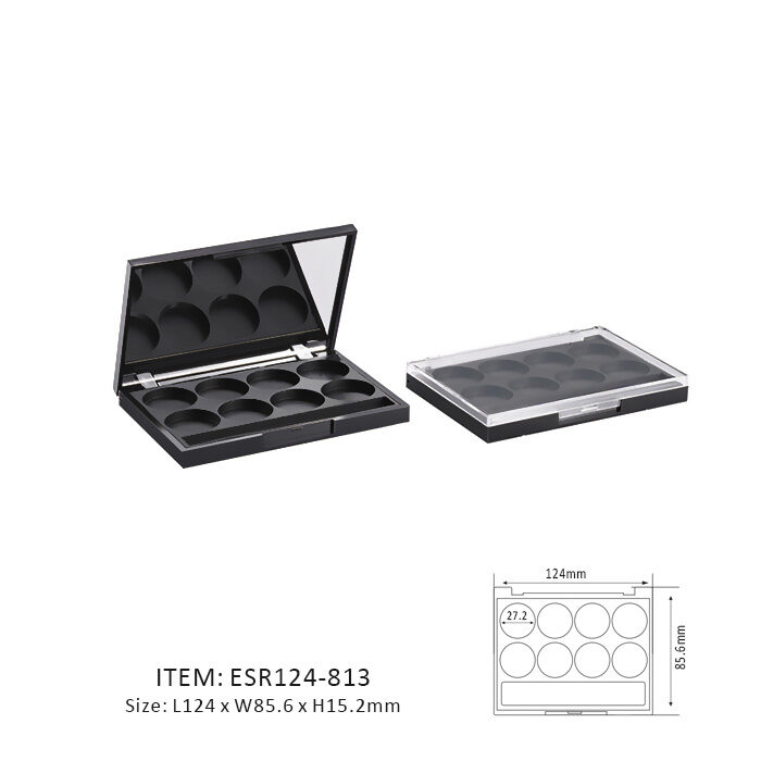 Black Rectangular Eyeshadow Palette Case Installed with Magnetic components and containing Eight Circular sections and a window or mirror