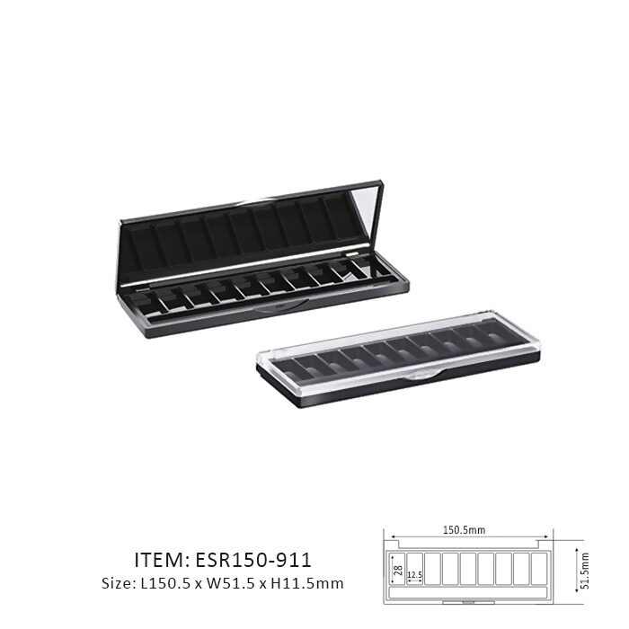 Black Rectangular Eyeshadow Palette Case Containing Nine Rectangular Sections and a mirror or window on the cap