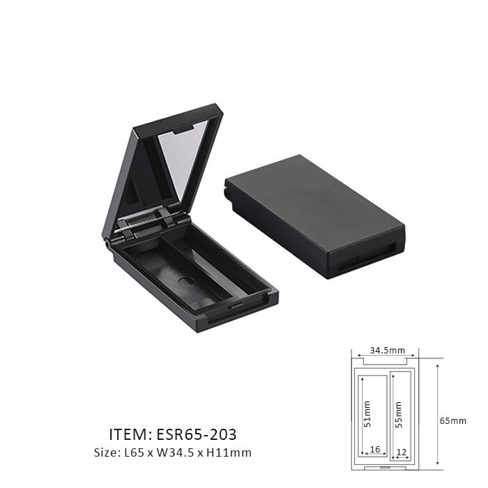 Dark Rectangular Eyeshadow Case with two sections inside and a mirror on the cap