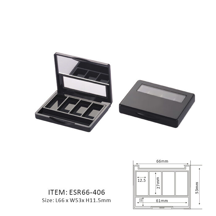 Dark Unique Eyeshadow Palette containing four rectangular sections and half mirror and half window on the cap