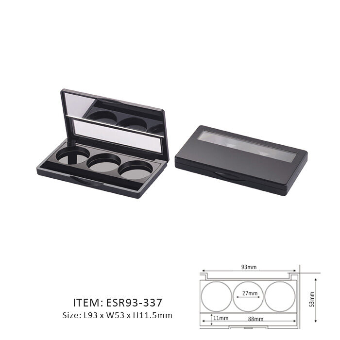 Black Unique Eyeshadow Palette Containing Three Long Circular Sections and half window and half mirror on the cap