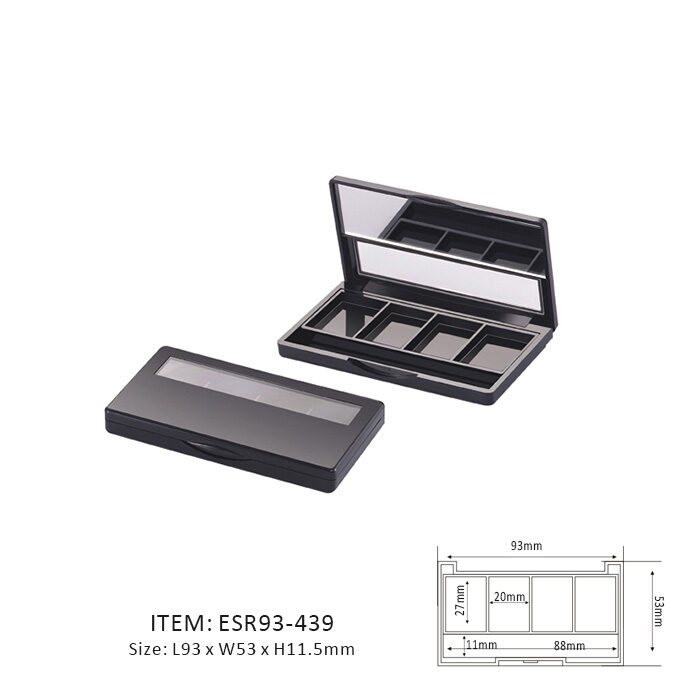 Black Unique Eyeshadow Palette Containing Four Long Rectangular Sections and half mirror and half window on the cap