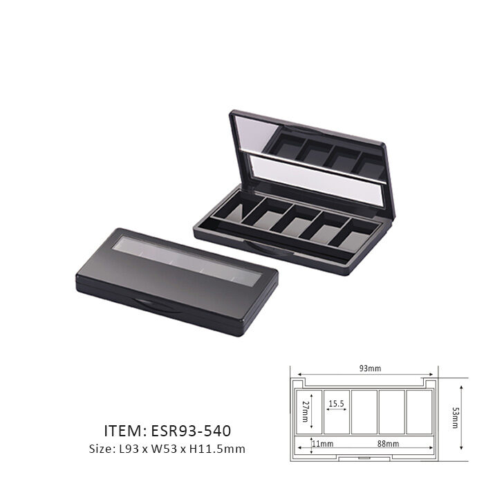 Black Unique Eyeshadow Palette Contaning Five Long Rectangular Sections and half mirror and half window on the cap