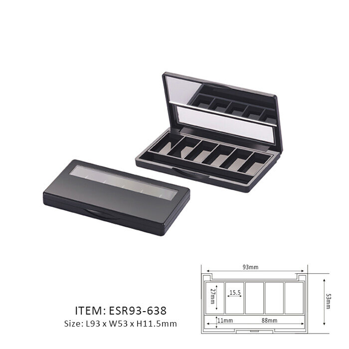 Black Unique Eyeshadow Palette Case Containing Six Long Rectangular Sections and half mirror and half window on the cap