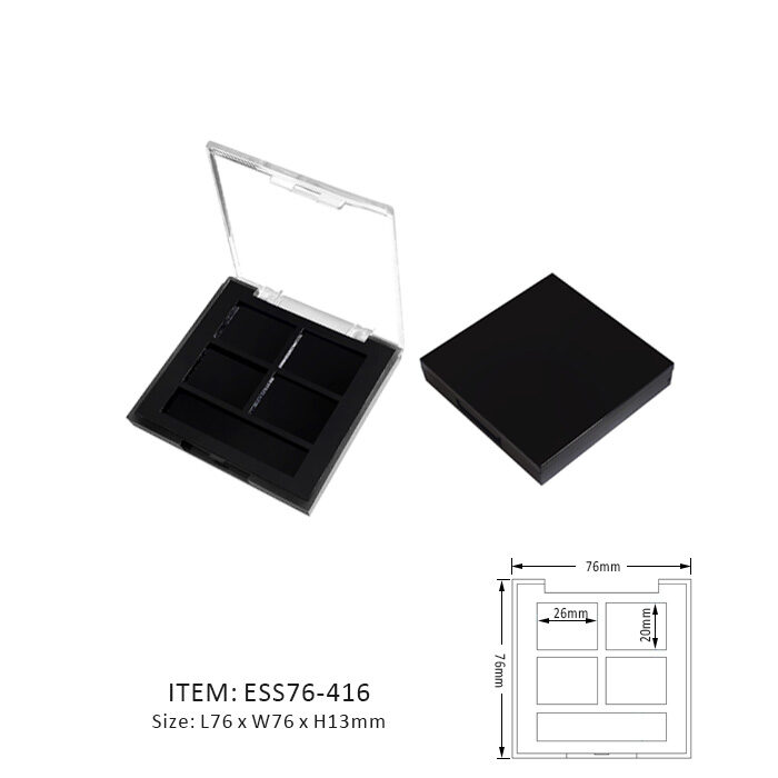 Dark Square Eyeshadow Palette Case Containing Four Rectangular Sections and a transparent cap
