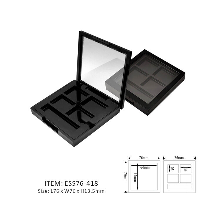 Black Square Eyeshadow Palette Case Containing Four Rectangles & Brush and a transparent window