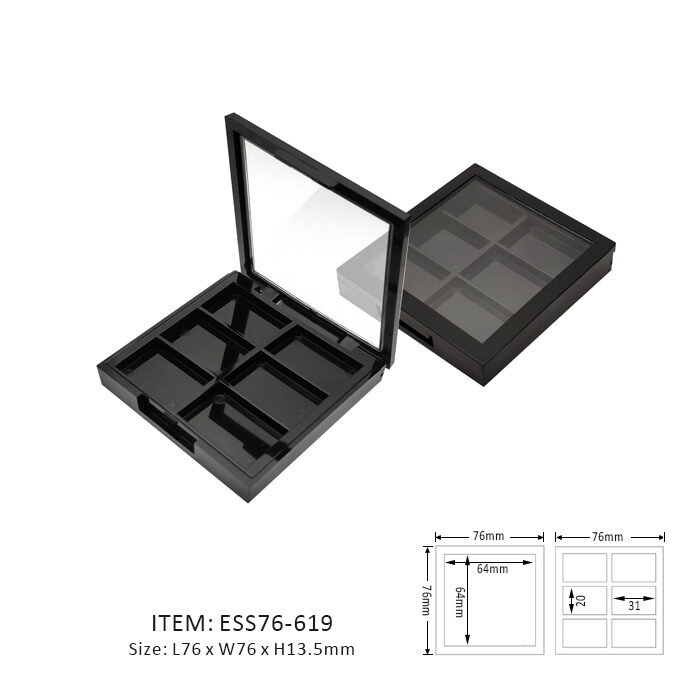 Black Square Eyeshadow Palette Case Containing Six Rectangular Sections and a Transparent Window Cap