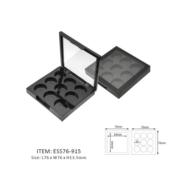Dark Square Eyeshadow Palette Case Containing Nine Circular sections and a transparent window